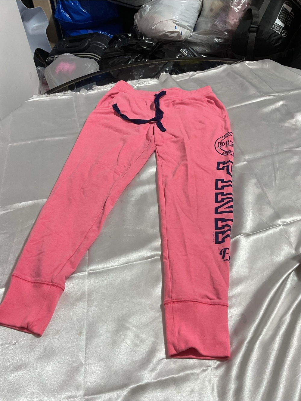 Girls Pink Drawstring Sweatpants with Navy Detail